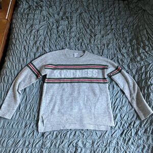 Grey, green & red striped wool sweater with "kindness matters" print #sweater